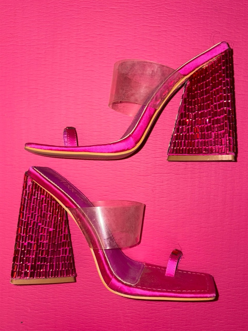 Mixx Shuz Hot Pink Block Heel Mules with Clear Band